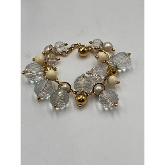 Kate Spade Signed Gold Tone Pearl and Faceted Clear Beaded Cha Cha Bracelet - Picture 9 of 9